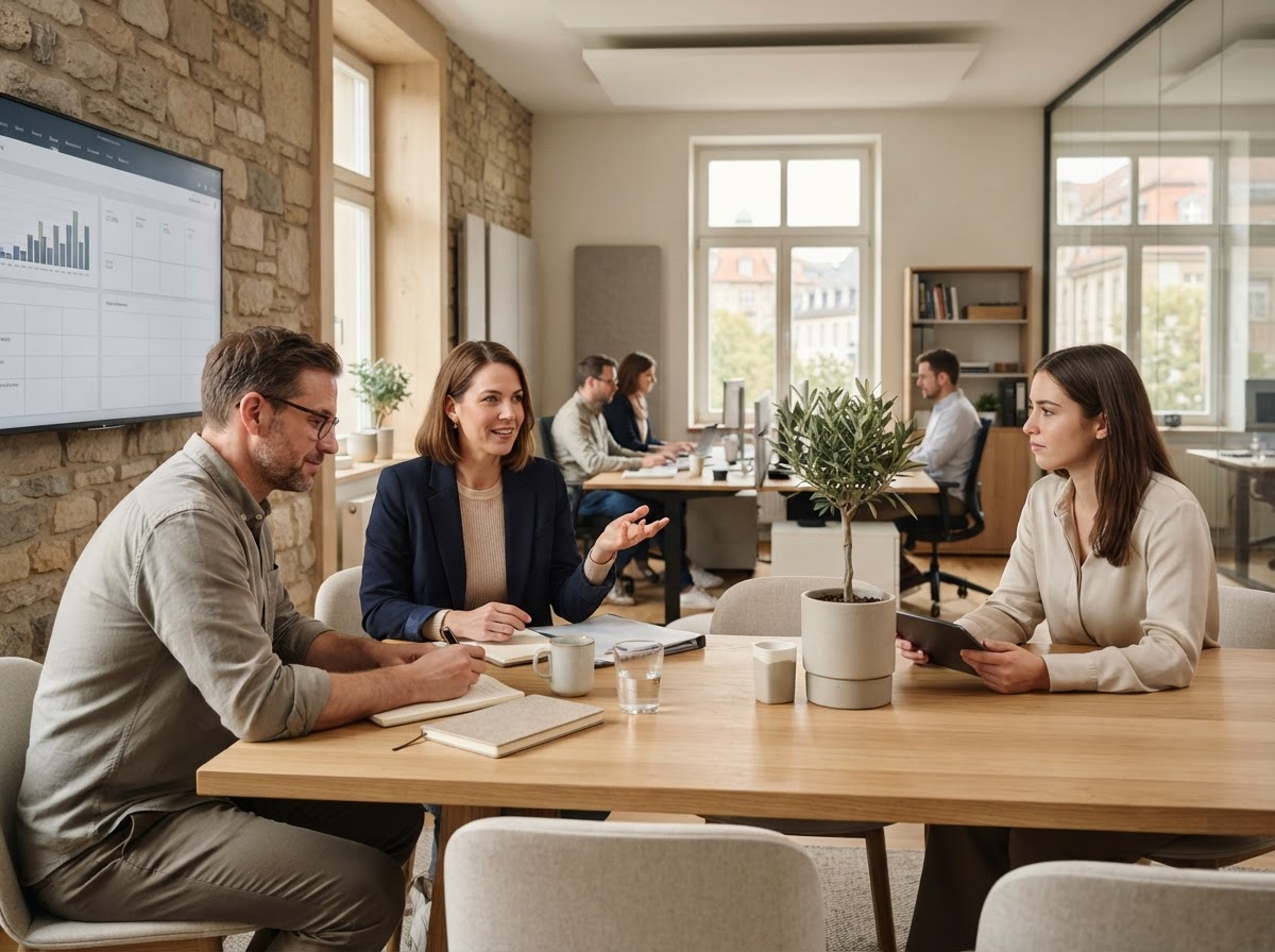 Falkenivo Team bei der Analyse von Finanzdaten im Büro